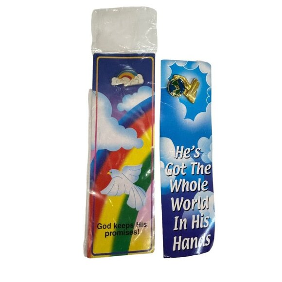 Set of 2 Religious Lapel Pins on Bookmarks Rainbow Hands God - Picture 1 of 6